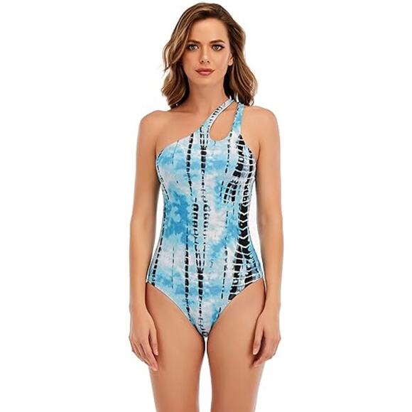 Lucky Brand Blue Tie Dye Beach Wave Asymmetrical One Piece Swimsuit - Picture 1 of 12